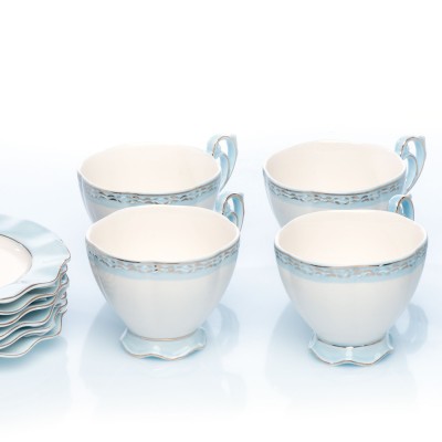 Set 6 cesti din portelan cu farfurii 'Light Blue'
