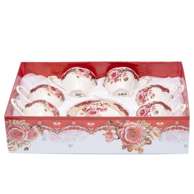 Set 6 cesti din portelan cu farfurii 'Gray Roses'