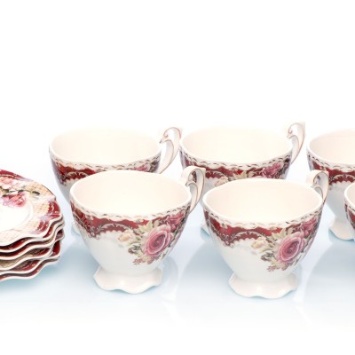 Set 6 cesti din portelan cu farfurii 'Gray Roses'