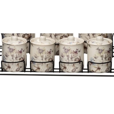 Set condimente din portelan, 7 piese, cu suport din metal
