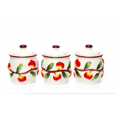 Set condimente din ceramica, cu model mere si suport din lemn, 3 piese.